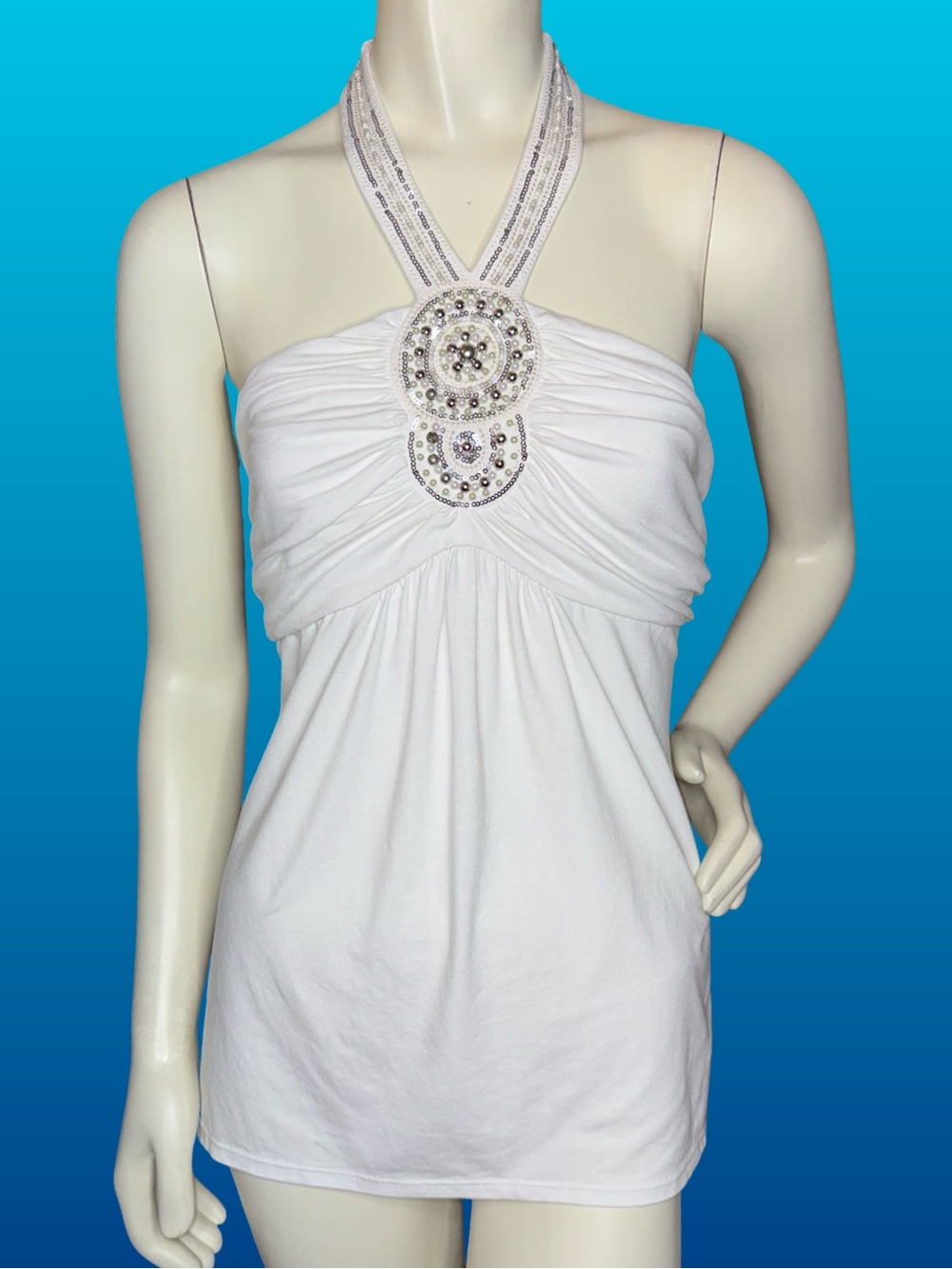 White House Black Market Beaded Medallion Halter Top – White Y2K Boho